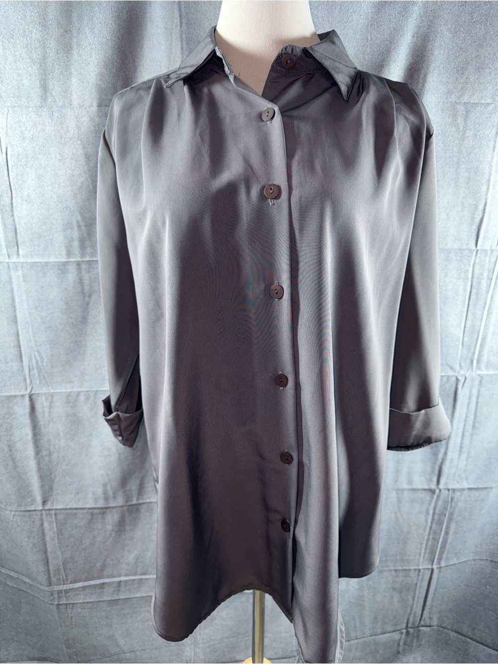 2730-Brylane Woman Womens Gray Button-Down Shirt with Roll-Tab Sleeves
